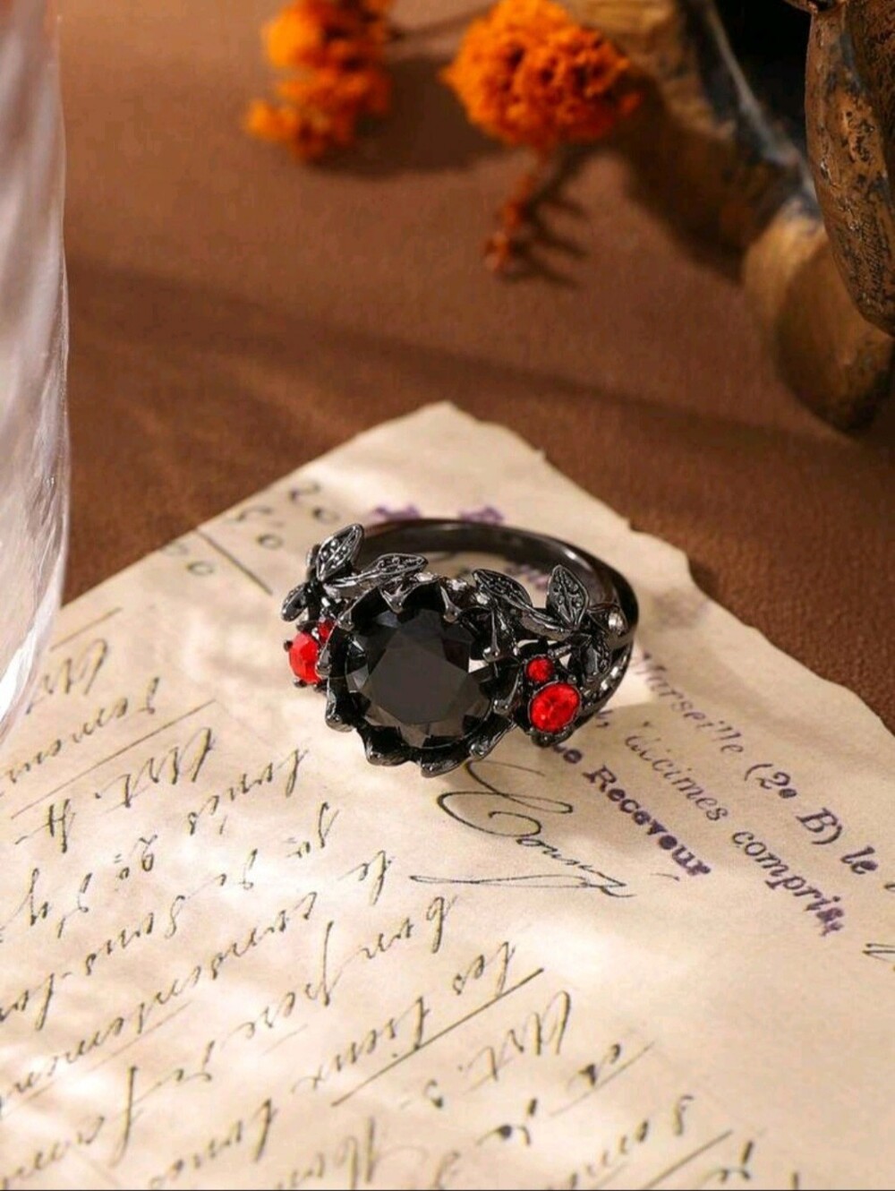 Gothic Black Floral Ring Red Zirconia Gem Accents Goth Vampire Dark Jewelry, 8 - Picture 3 of 5
